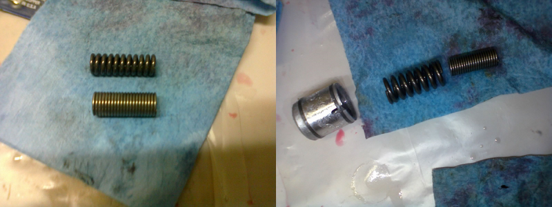 LEFT: The spring on the top gets replaced by this spring-like spacer on the bottom. RIGHT: The spacer goes inside this larger spring, and they both slip inside the 2-4 accumulator piston.